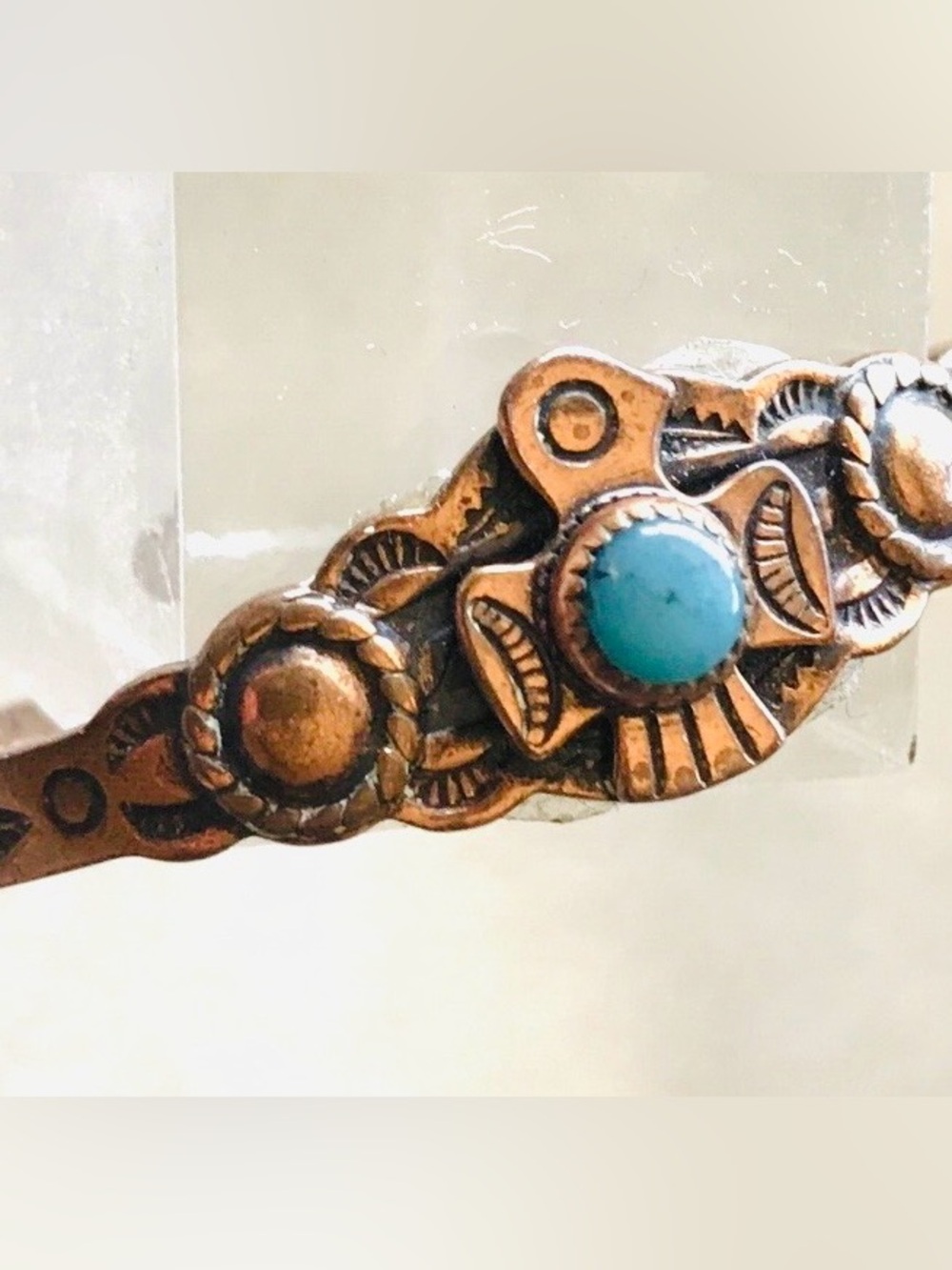 VINTAGE SOUTHWESTERN SOLID COPPER CHILD BABY CUFF BRACELET W/ BLUE TURQUOISE
